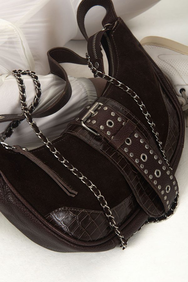 Cartera Mykonos / Gamuza Chocolate + Croco Chocolate + Cuero Chocolate