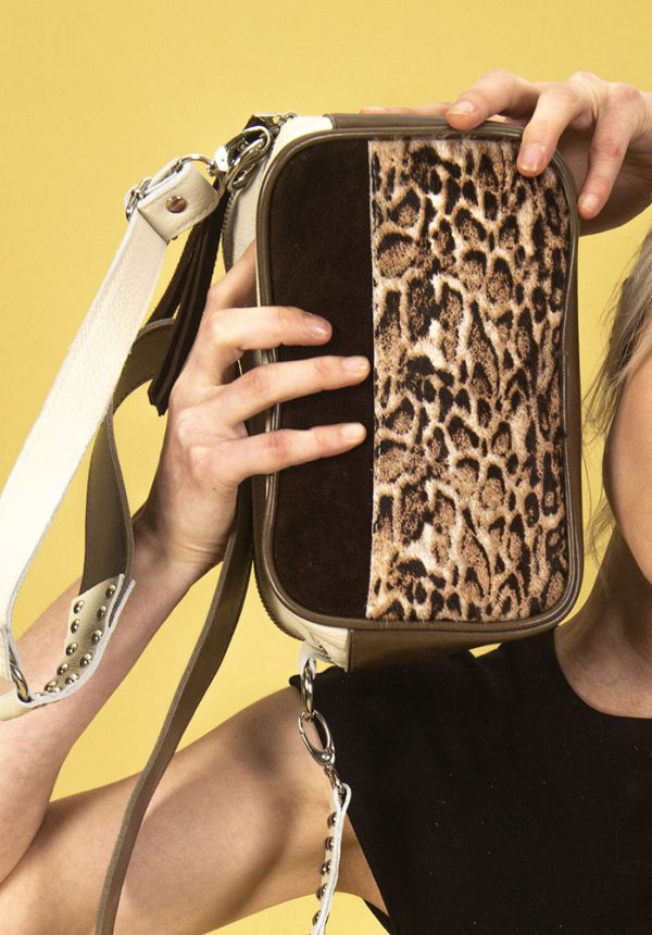 Cartera Santorini / Cuero Arena + Pelo Leopardo + Gamuza Chocolate + Cuero Verde Oliva