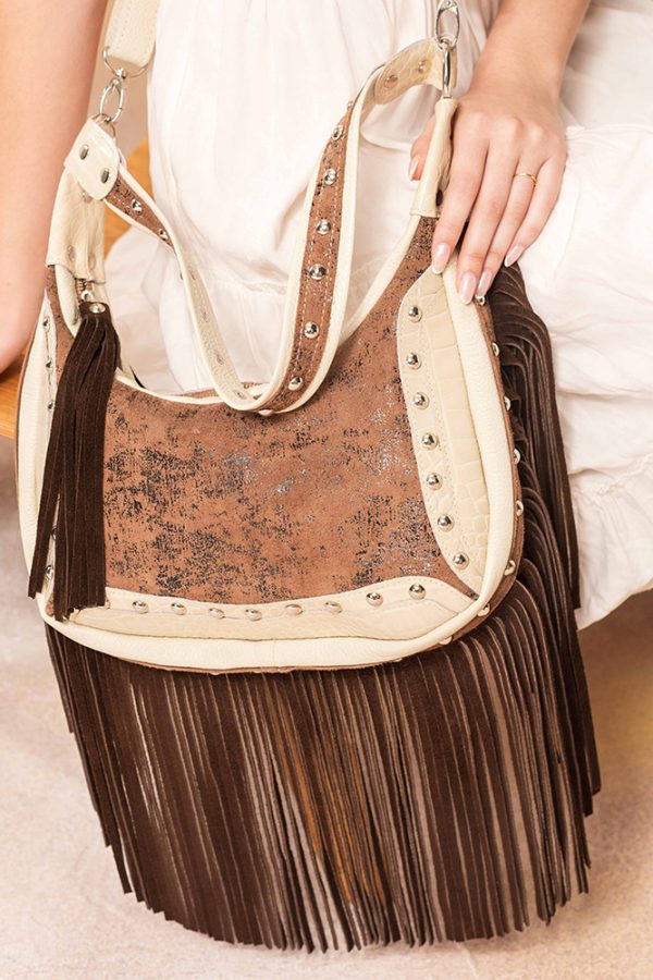 Cartera Milos / Cuero Arena + Gamuza Chocolate + Fantasía Chocolate