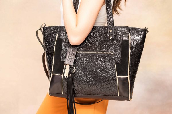 Bolso Emma / Cuero Negro + Croco Negro + Gamuza Negra