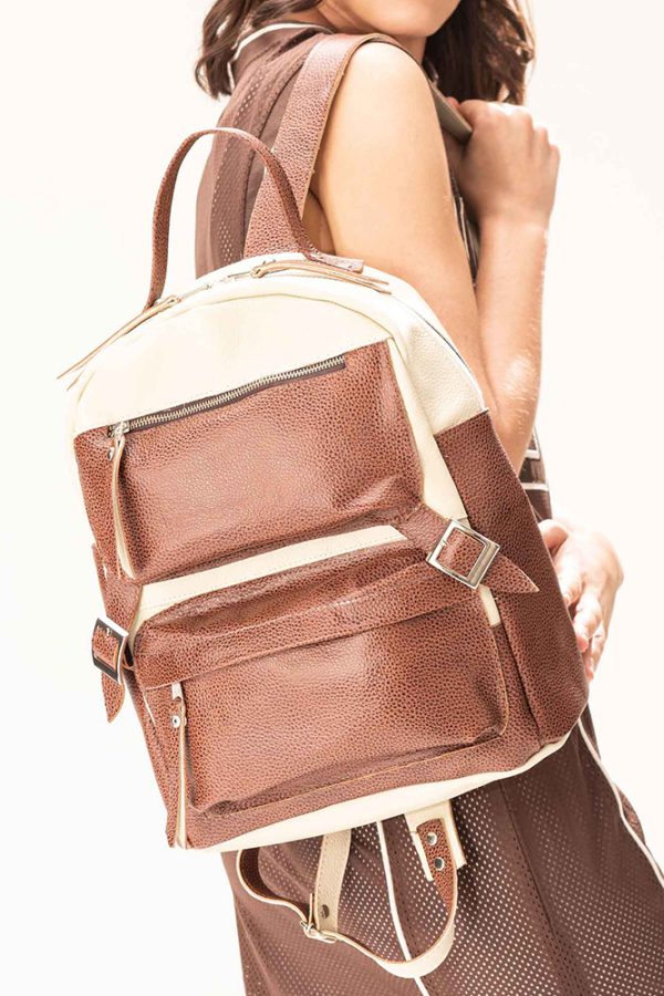 Mochila Quios / Cuero Offwhite + Cuero Tabaco