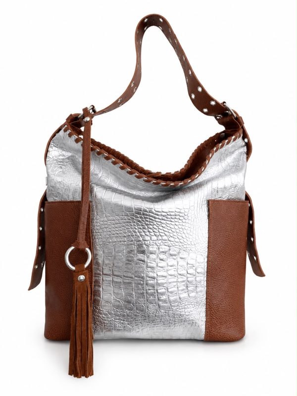 Cartera Esparta / Crocco Plata + Cuero Tostado