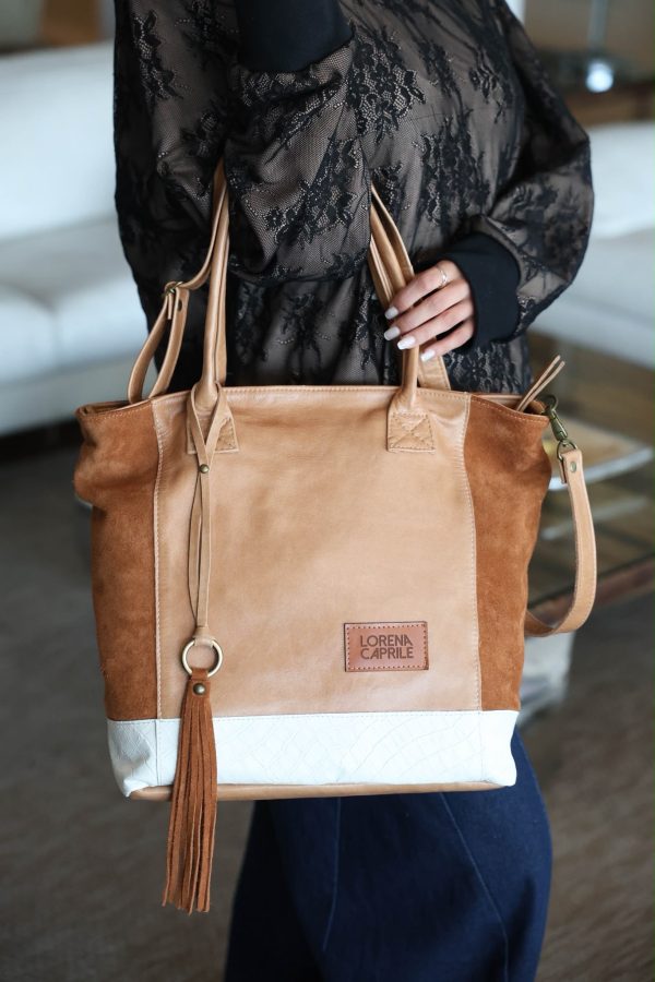 Cartera Cali / Cuero Marrón + Blanco